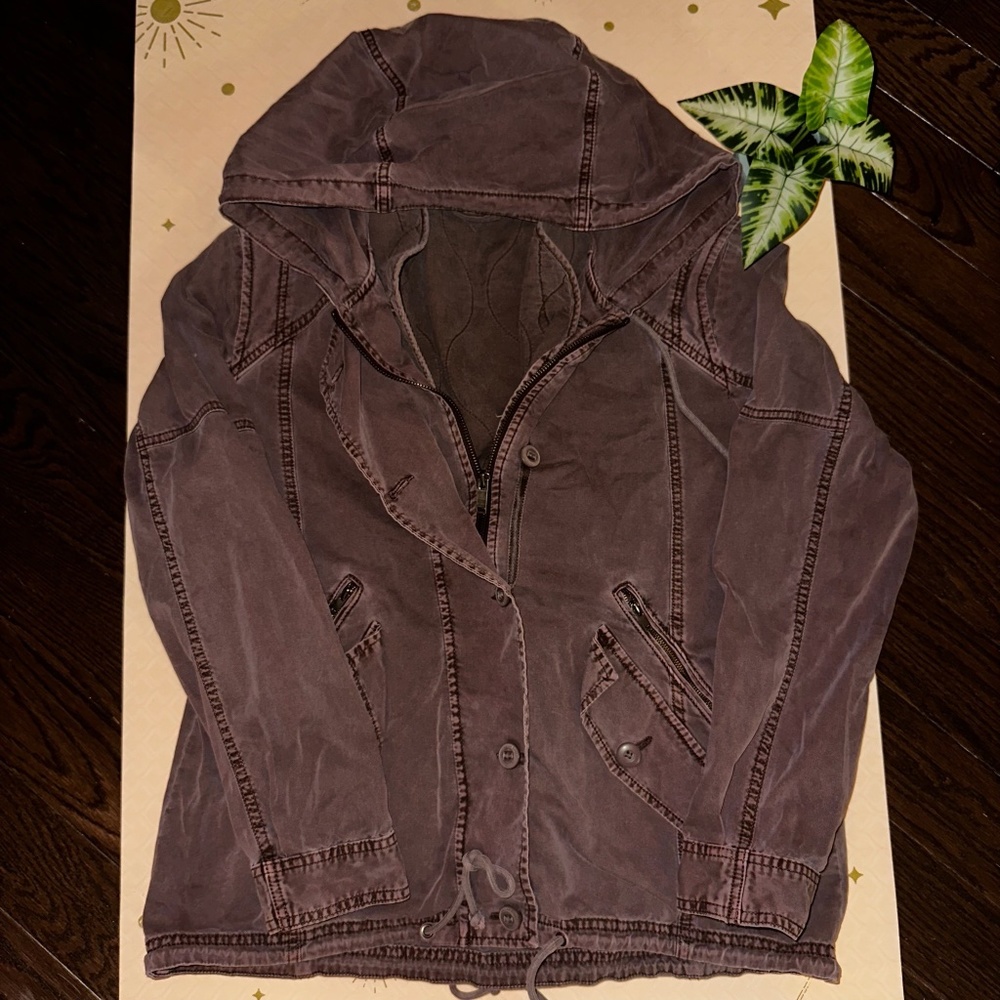 American Eagle Brushed Plum Hooded Utility Jacket with Quilted Vest